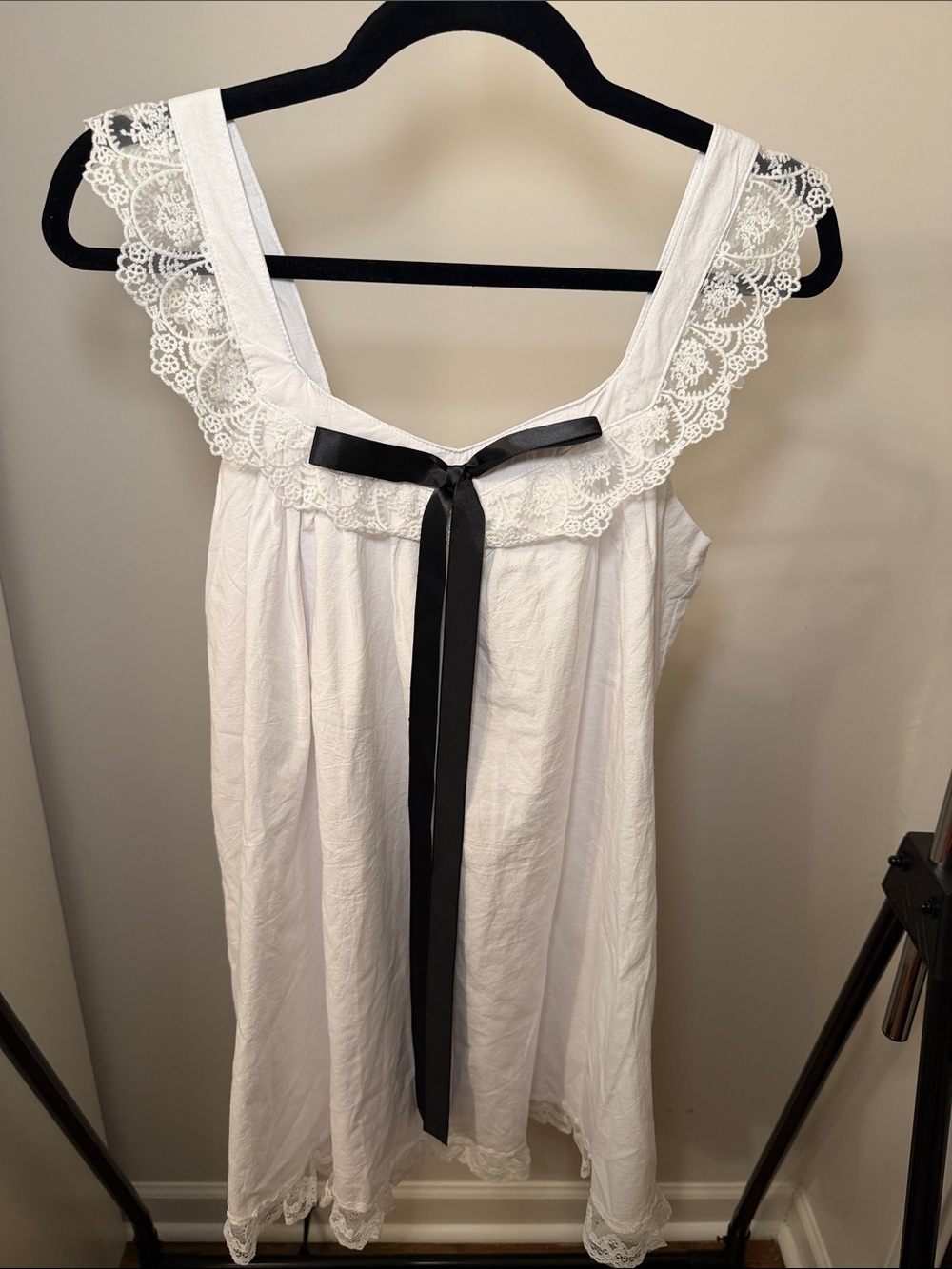 Women’s White Lace-Trim Nightgown with Black Ribbon
